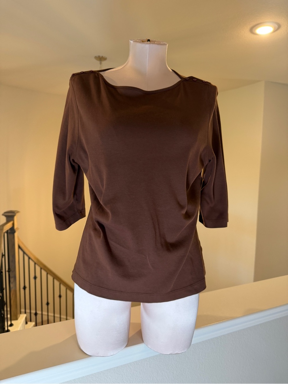 Westbound Brown Boatneck 3/4 Sleeve Top with Shoulder Buttons